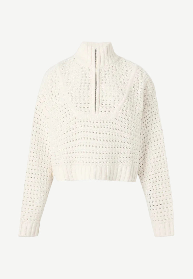 Cream-colored Cropped Hampton Sweater with a ribbed mock neck, front zipper, and an open-knit texture.