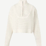Cream-colored Cropped Hampton Sweater with a ribbed mock neck, front zipper, and an open-knit texture.