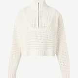 Cream-colored Cropped Hampton Sweater with a ribbed mock neck, front zipper, and an open-knit texture.