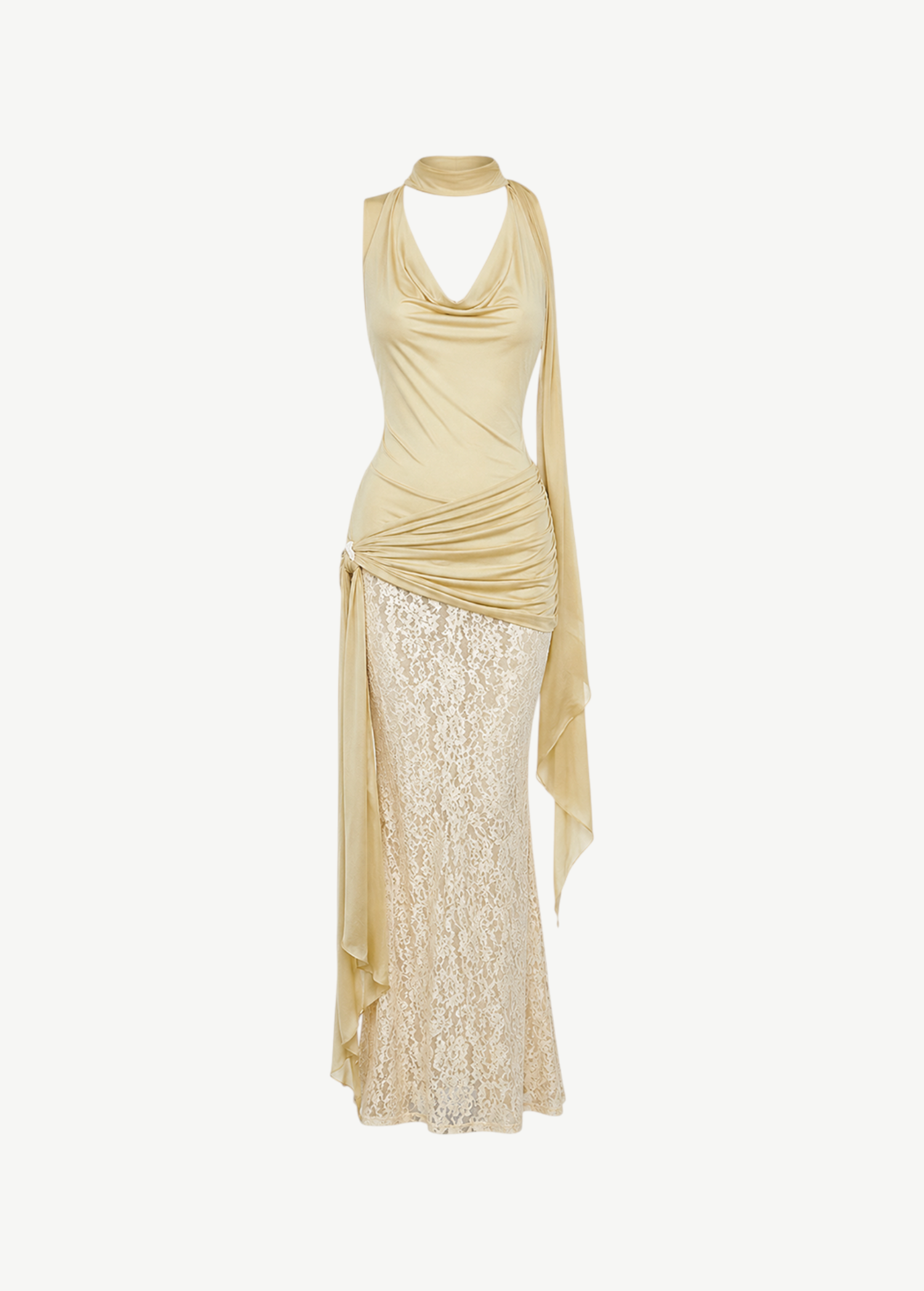 KABE SHOP INC Rosa maxi dress in antique yellow viscose georgette with a draped cowl neck and textured lace skirt.