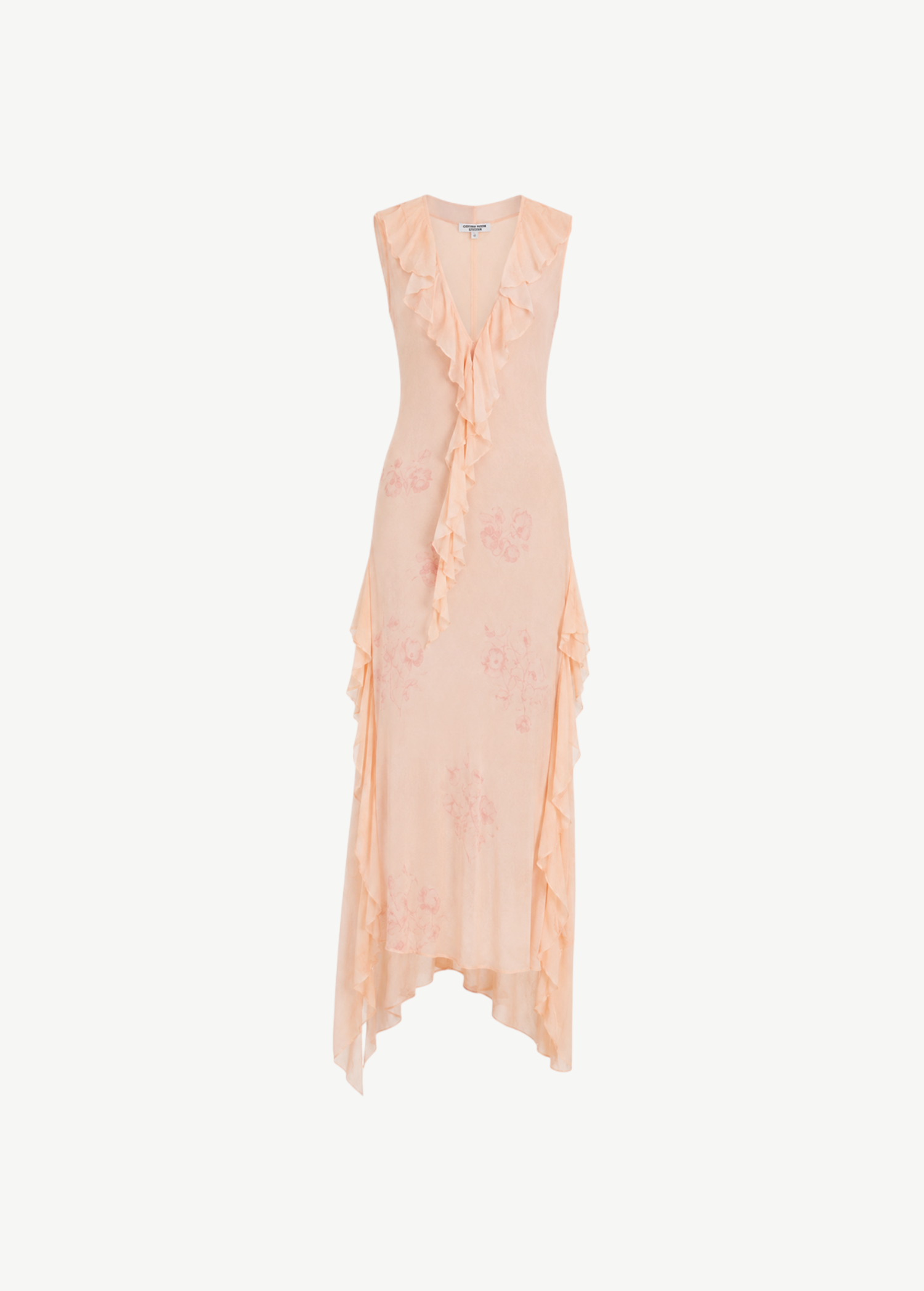 KABE SHOP INC Balia midi dress in baby pink viscose georgette with Rosa Palo Alto floral print and asymmetric hem.