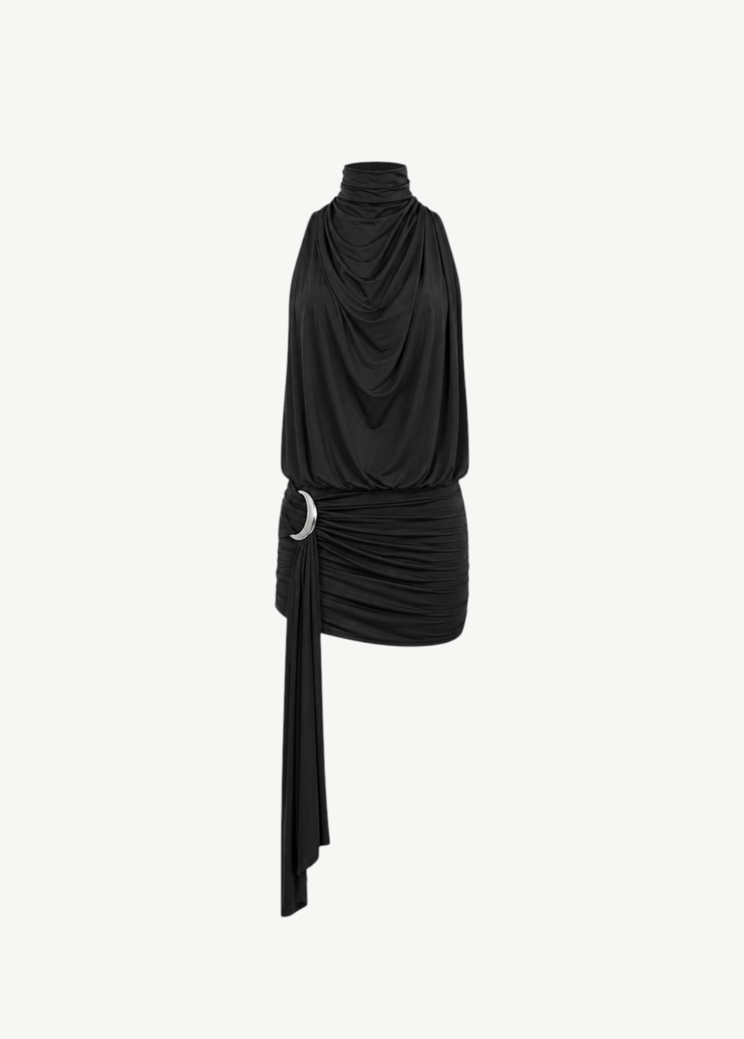 KABE SHOP INC Vida mini dress in black stretch jersey with a halterneck, cowl front, and silver crescent moon detail.