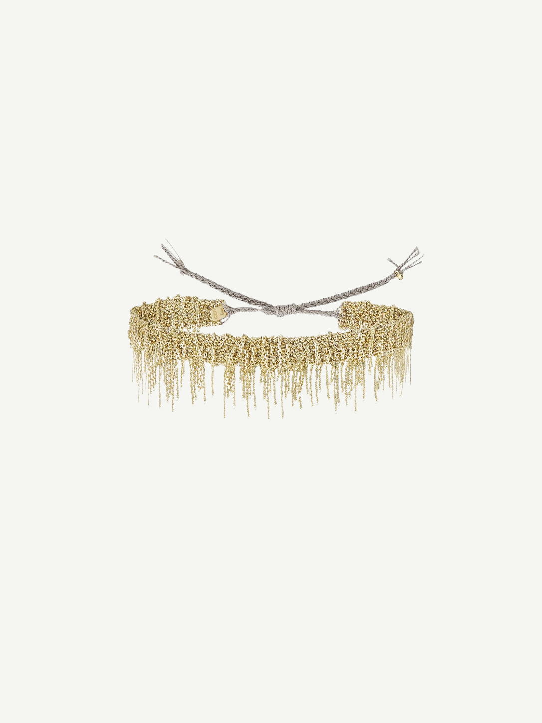 A gold beaded choker necklace with fringed dangling strands, tied at the back with adjustable silver cords, is beautifully displayed against a plain white background—an ideal match for the N° 675 Gold Bracelet, creating an elegant layered look.