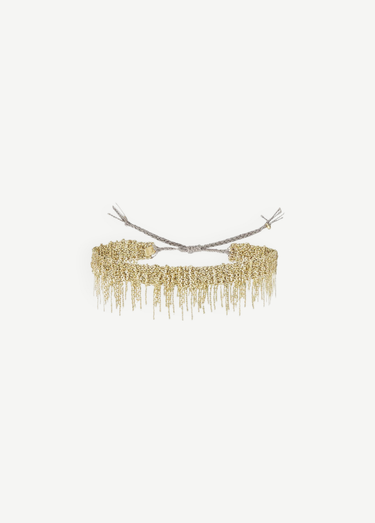 A gold beaded choker necklace with fringed dangling strands, tied at the back with adjustable silver cords, is beautifully displayed against a plain white background—an ideal match for the N° 675 Gold Bracelet, creating an elegant layered look.