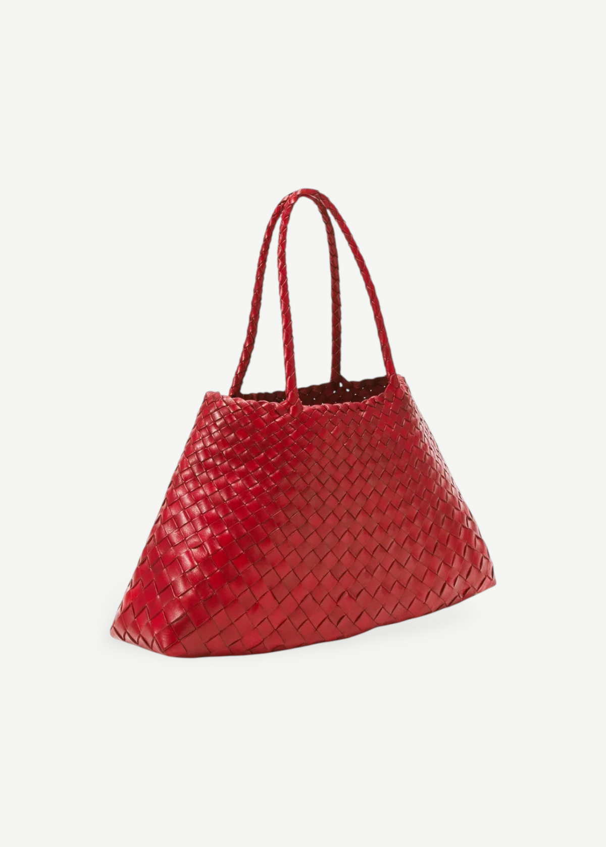 A large red Santa Croce Big Bag, crafted from woven leather with two handles, is displayed against a plain light gray background.