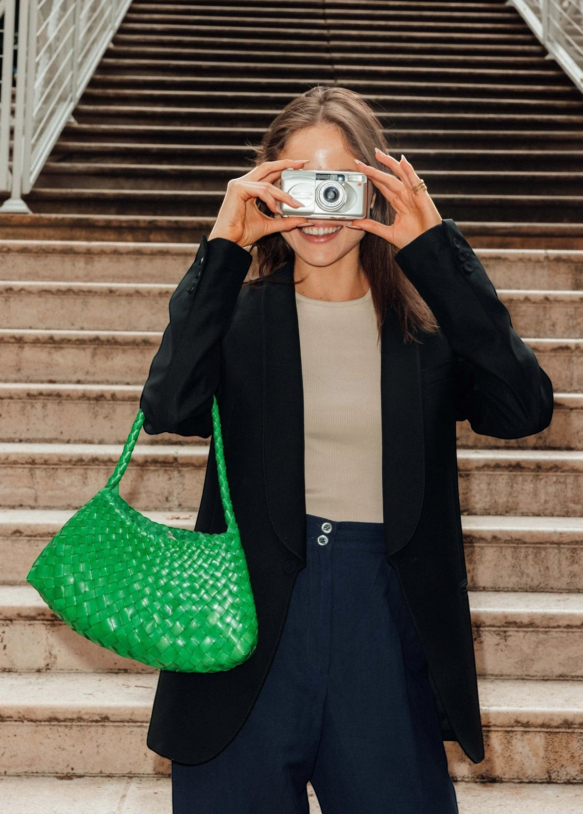 KABE SHOP INC Rosanna Bag in vibrant green handwoven buffalo leather with a sleek shoulder silhouette