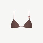 Introducing the Equator Top: an eco-friendly brown triangle bikini top featuring thin, adjustable straps. The left strap is adorned with three decorative beads in pink and beige tones, blending stylish design with sustainable swimwear choices.
