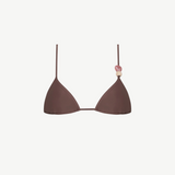 Introducing the Equator Top: an eco-friendly brown triangle bikini top featuring thin, adjustable straps. The left strap is adorned with three decorative beads in pink and beige tones, blending stylish design with sustainable swimwear choices.