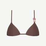 Introducing the Equator Top: an eco-friendly brown triangle bikini top featuring thin, adjustable straps. The left strap is adorned with three decorative beads in pink and beige tones, blending stylish design with sustainable swimwear choices.