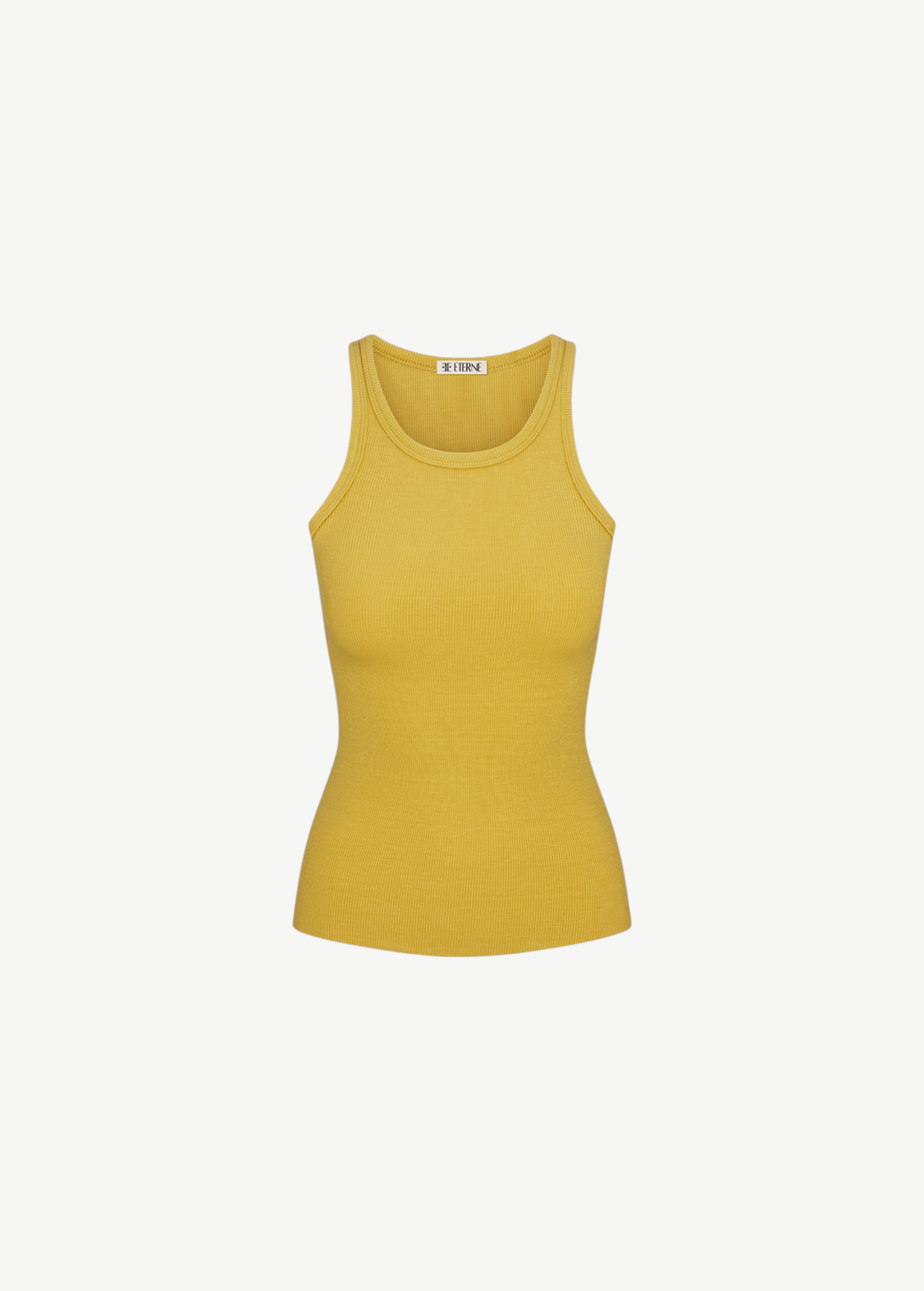 KABE SHOP INC mustard yellow ribbed high neck fitted tank top with a slim silhouette and sleeveless design.