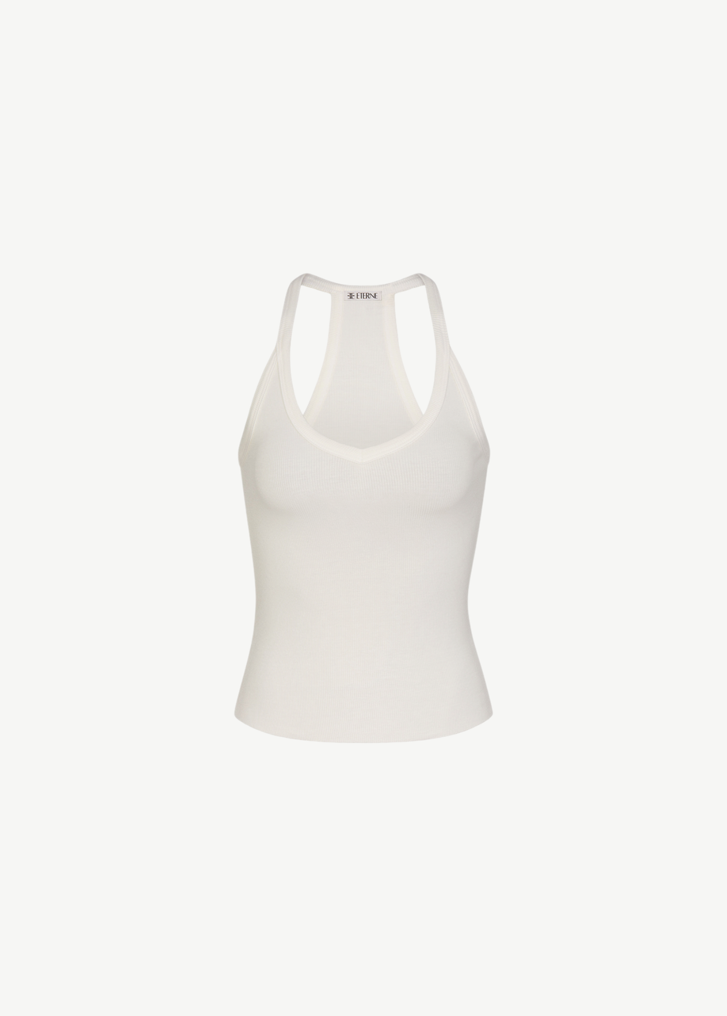KABE SHOP INC white ribbed V-neck racerback tank top in a slim-fit, butter-soft fabric.