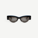 KABE SHOP INC BOZ sunglasses featuring a black cat-eye frame with a subtle light blue accent on a white background.
