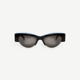 KABE SHOP INC BOZ sunglasses featuring a black cat-eye frame with a subtle light blue accent on a white background.