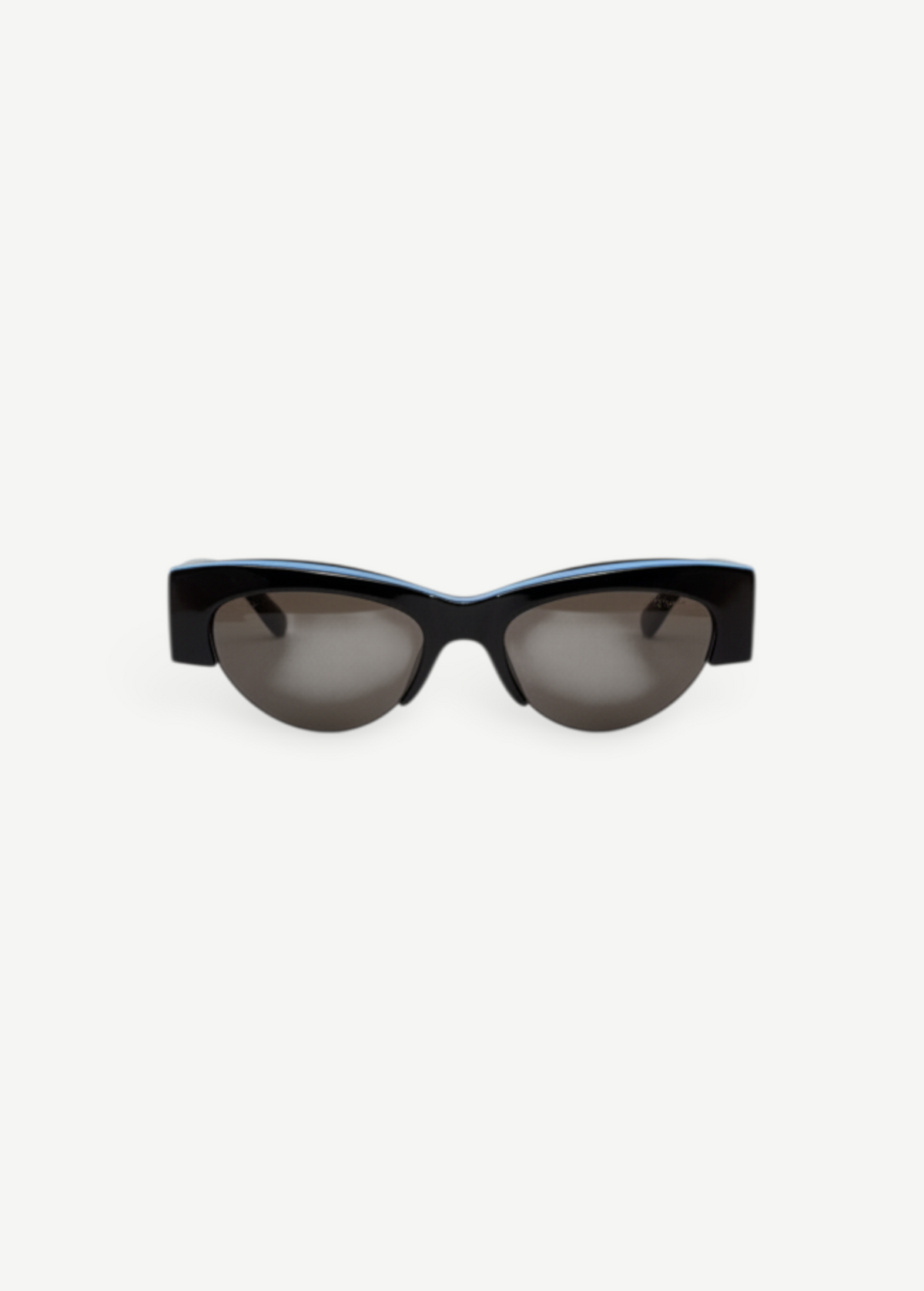 KABE SHOP INC BOZ sunglasses featuring a black cat-eye frame with a subtle light blue accent on a white background.