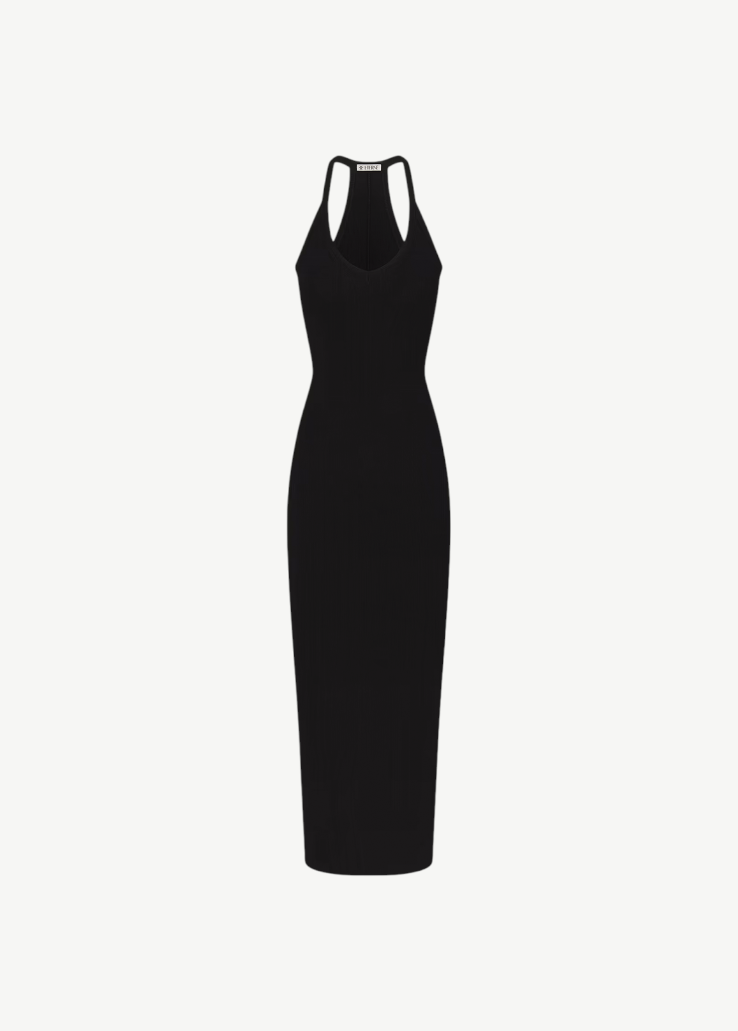 KABE SHOP INC black ribbed midi dress with a V-neck and racerback design in a slim, flattering fit.