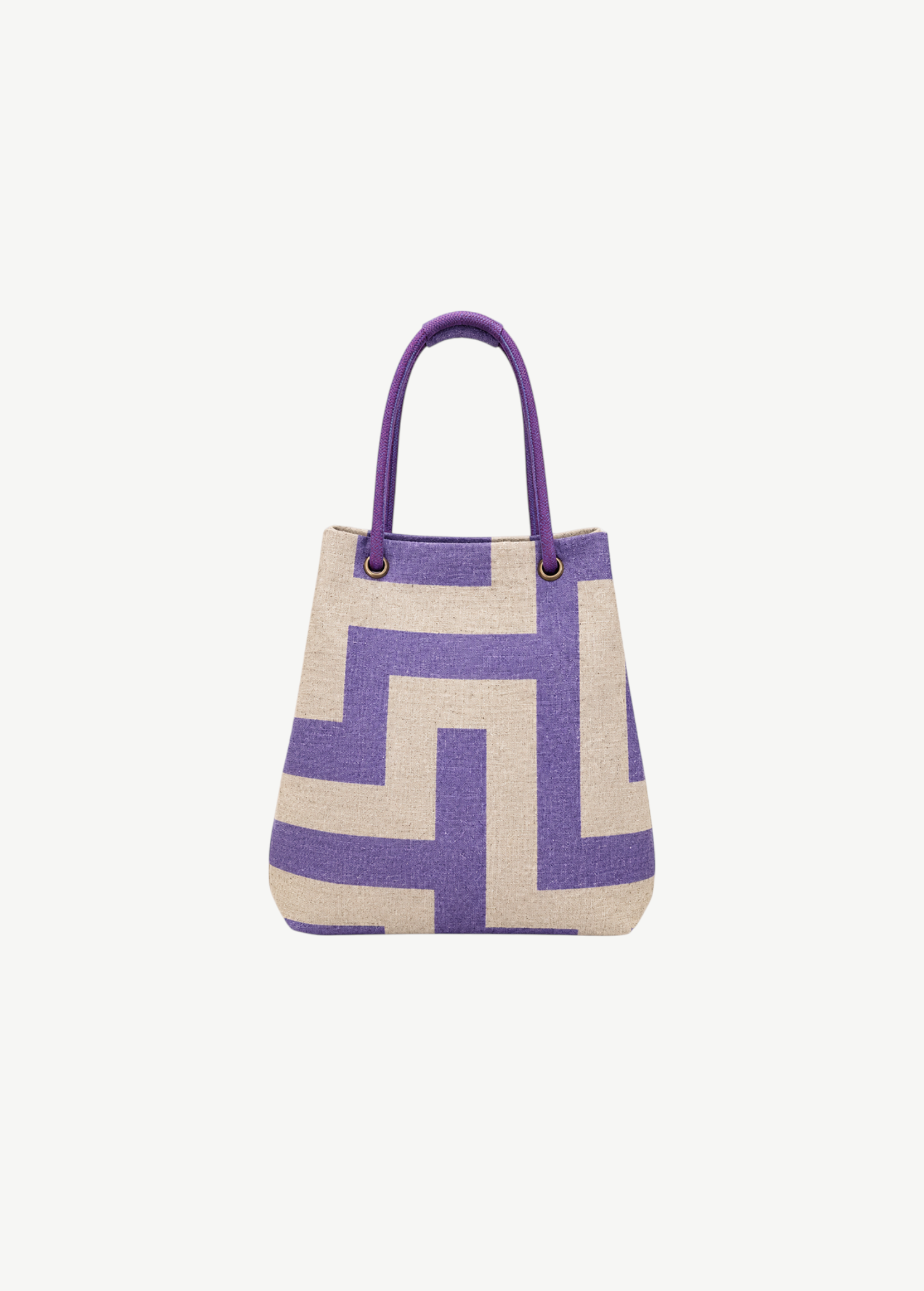 KABE SHOP INC ÉPICE beach bag in beige linen with a purple geometric pattern and matching rope handles.