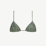 Equator Top Swimwear: A green triangle bikini top made from recycled nylon, featuring a white dotted pattern, thin adjustable shoulder straps, and a minimalist design, shown against a plain white background.