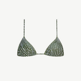 Equator Top Swimwear: A green triangle bikini top made from recycled nylon, featuring a white dotted pattern, thin adjustable shoulder straps, and a minimalist design, shown against a plain white background.