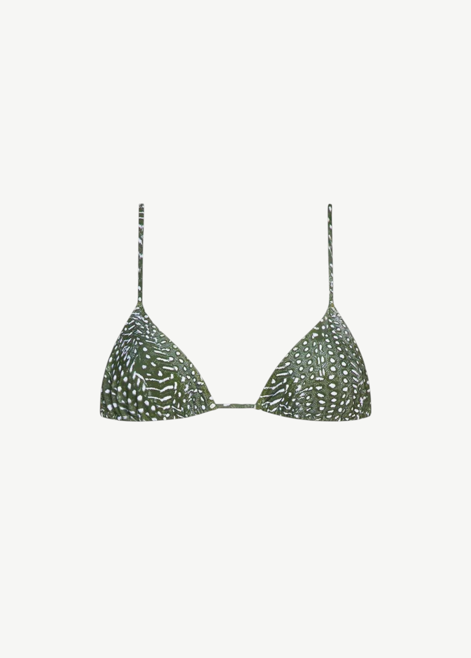 Equator Top Swimwear: A green triangle bikini top made from recycled nylon, featuring a white dotted pattern, thin adjustable shoulder straps, and a minimalist design, shown against a plain white background.