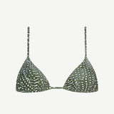 Equator Top Swimwear: A green triangle bikini top made from recycled nylon, featuring a white dotted pattern, thin adjustable shoulder straps, and a minimalist design, shown against a plain white background.