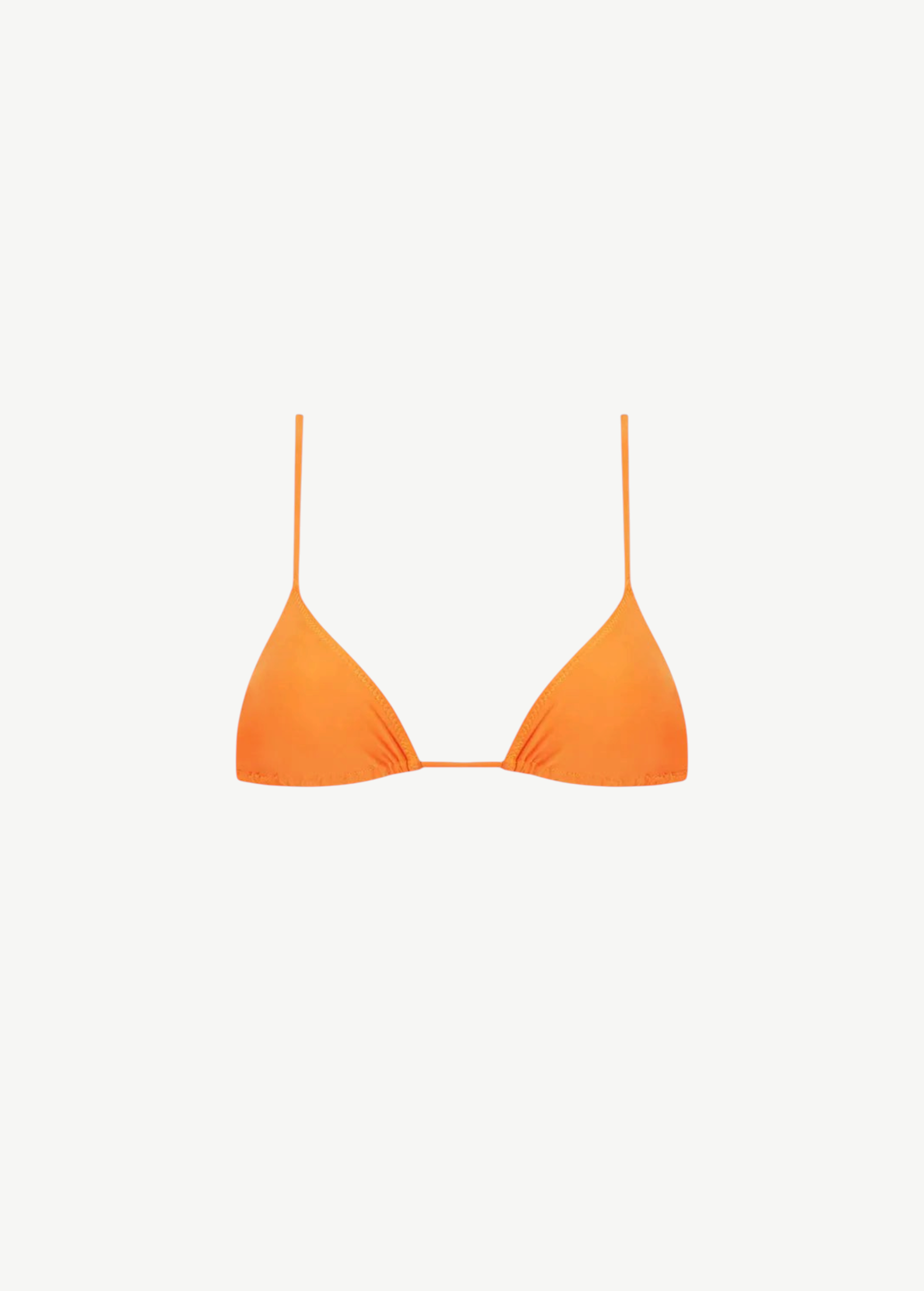 The Equator Top is an orange triangle bikini top featuring thin shoulder straps and a minimal design, shown against a plain white background. This eco-friendly swimwear piece enhances your silhouette and provides UV protection, ensuring confident, carefree days in the sun.