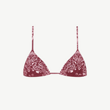 The Equator Top is a maroon triangle bikini top featuring thin straps and a white paisley pattern, crafted from eco terry fabric for comfort and sustainability, displayed on a plain white background.