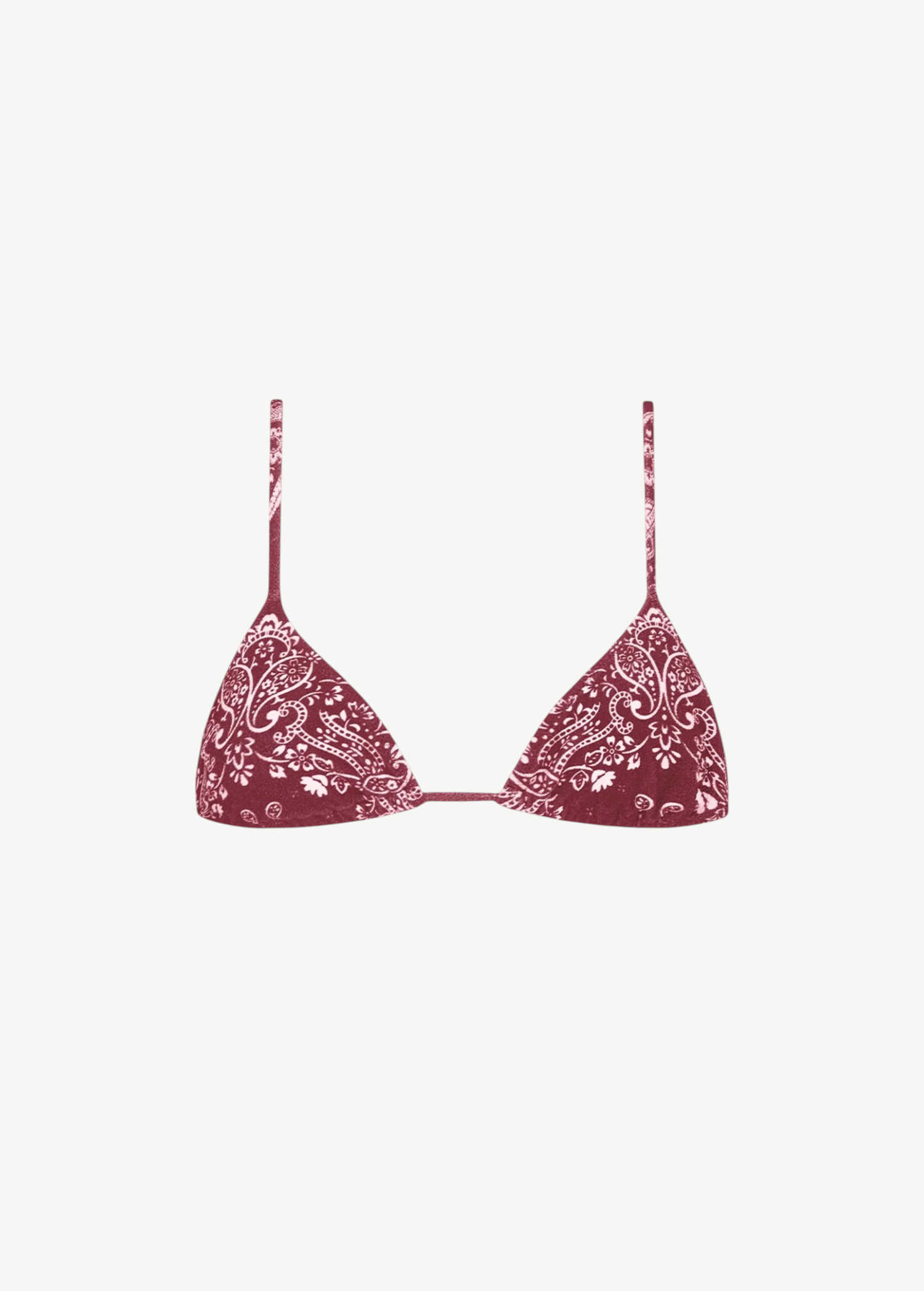 The Equator Top is a maroon triangle bikini top featuring thin straps and a white paisley pattern, crafted from eco terry fabric for comfort and sustainability, displayed on a plain white background.