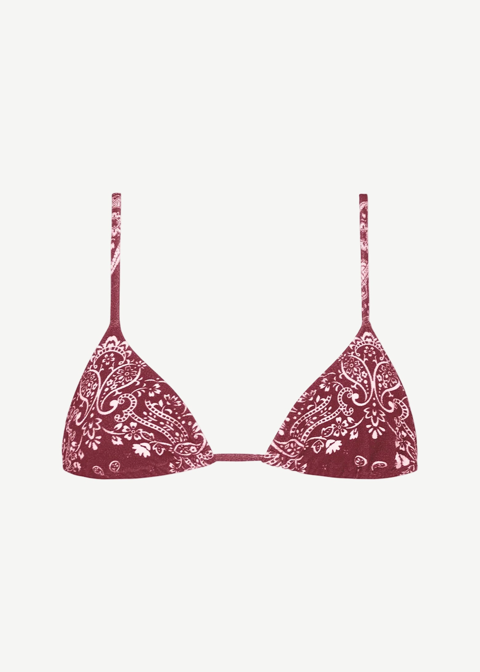 The Equator Top is a maroon triangle bikini top featuring thin straps and a white paisley pattern, crafted from eco terry fabric for comfort and sustainability, displayed on a plain white background.