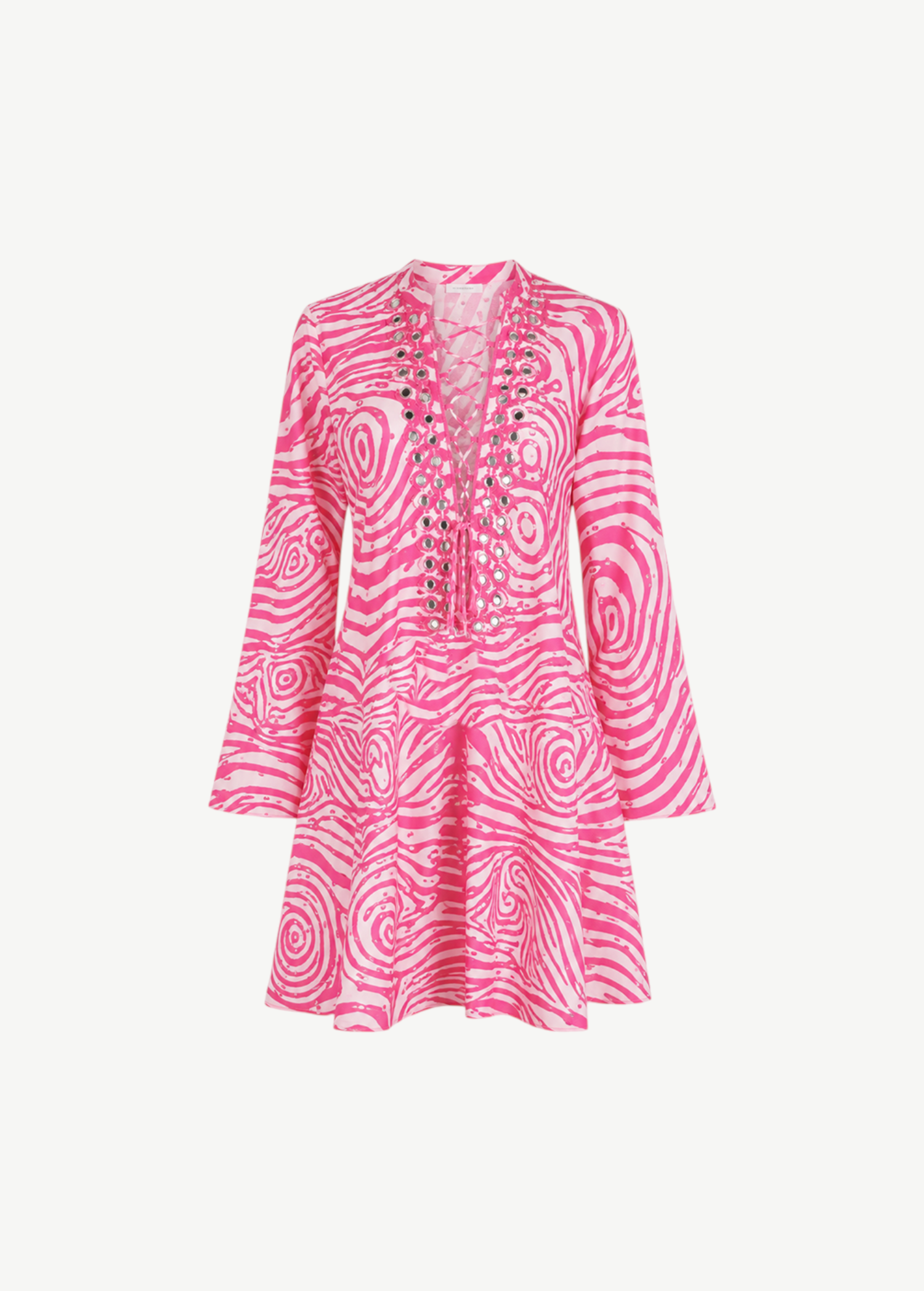 KABE SHOP INC Poccaa short kaftan in pink and white swirl print with lace-up neckline and decorative mirror accents.