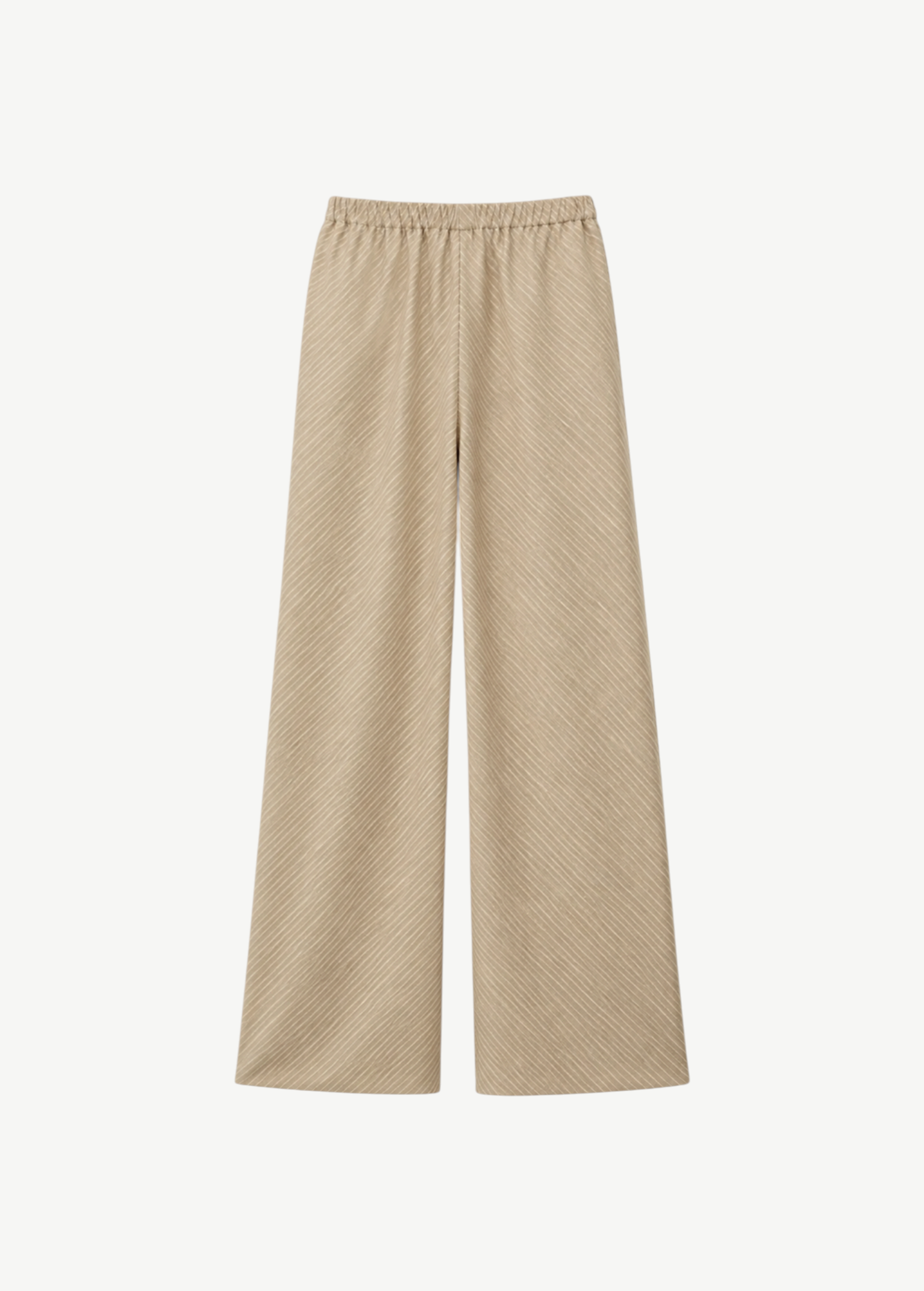 Tan Selan Pant in a relaxed silhouette, featuring a fine diagonal pinstripe pattern and an elastic waistband.
