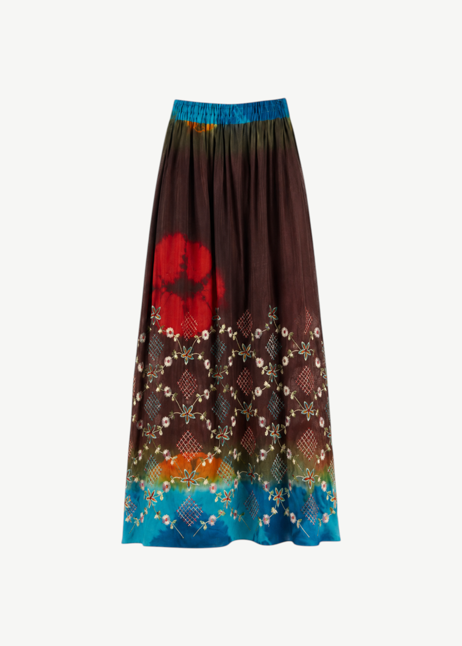 KABE SHOP INC Jupe Chantal bohemian maxi skirt featuring brown tie-dye fabric with intricate floral embroidery.