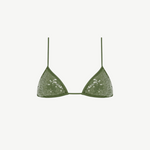 The Equator Top is an olive green triangle bikini top with a sequin overlay, featuring thin adjustable straps and triangular cups, displayed on a white background.