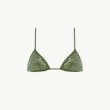 The Equator Top is an olive green triangle bikini top with a sequin overlay, featuring thin adjustable straps and triangular cups, displayed on a white background.