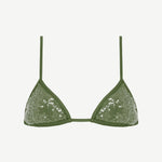 The Equator Top is an olive green triangle bikini top with a sequin overlay, featuring thin adjustable straps and triangular cups, displayed on a white background.