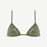 The Equator Top is an olive green triangle bikini top with a sequin overlay, featuring thin adjustable straps and triangular cups, displayed on a white background.