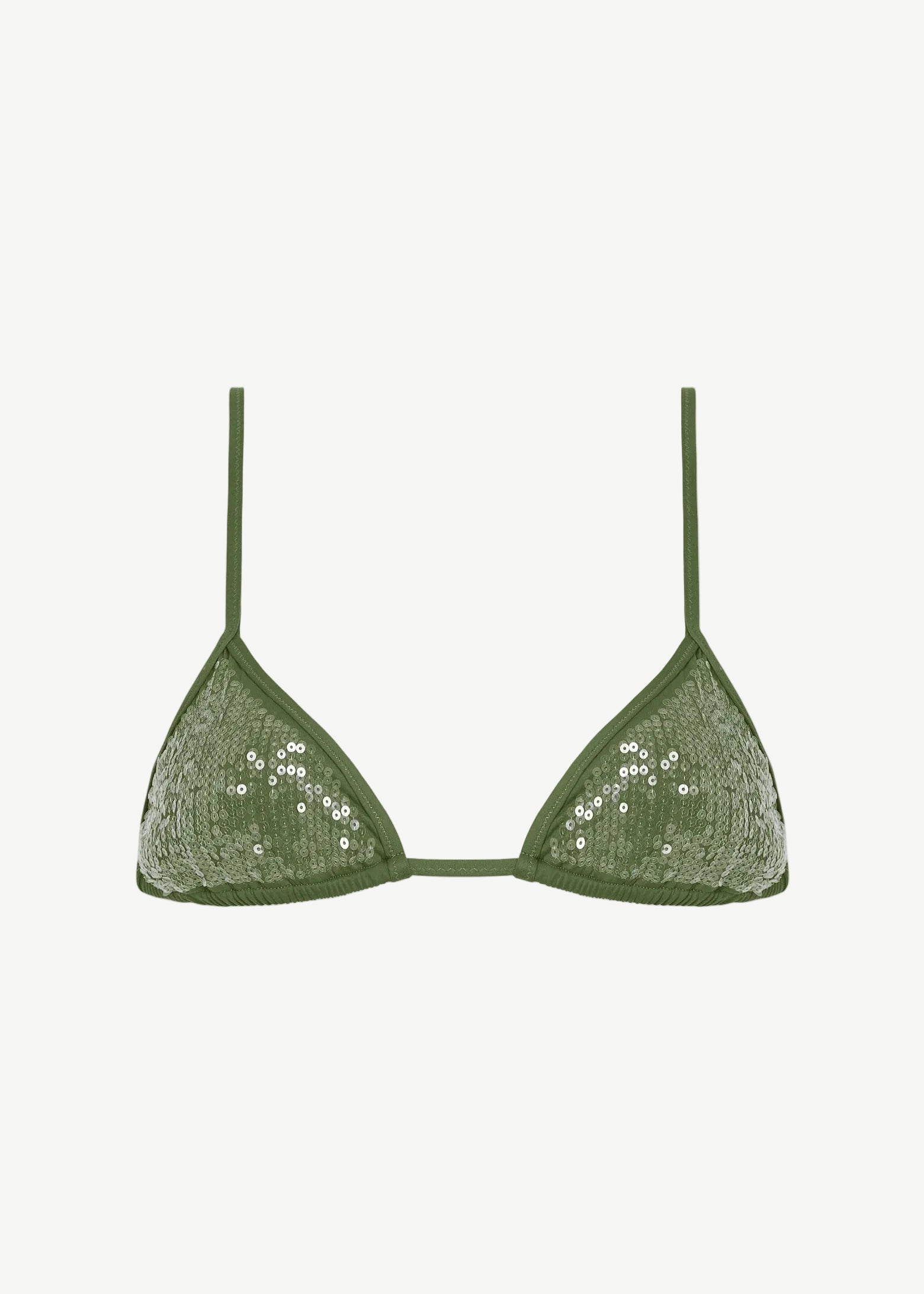 The Equator Top is an olive green triangle bikini top with a sequin overlay, featuring thin adjustable straps and triangular cups, displayed on a white background.