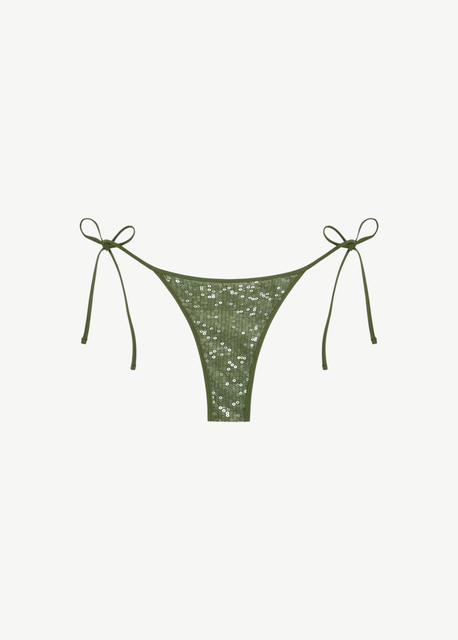 Praia Bottom in olive green with a sparkling sequin overlay and adjustable side ties, displayed on a white background.