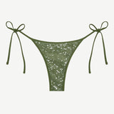 Praia Bottom in olive green with a sparkling sequin overlay and adjustable side ties, displayed on a white background.