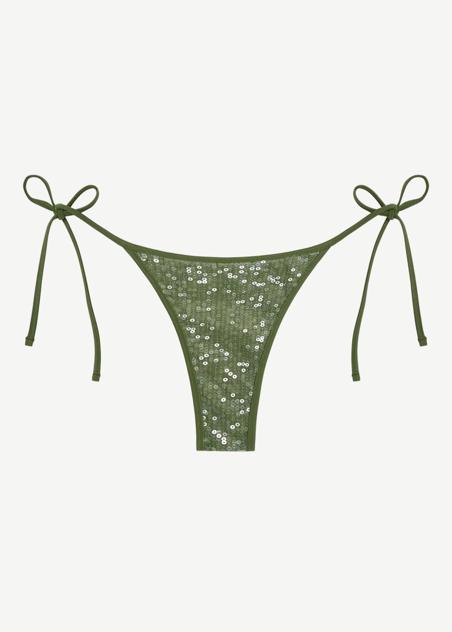 Praia Bottom in olive green with a sparkling sequin overlay and adjustable side ties, displayed on a white background.