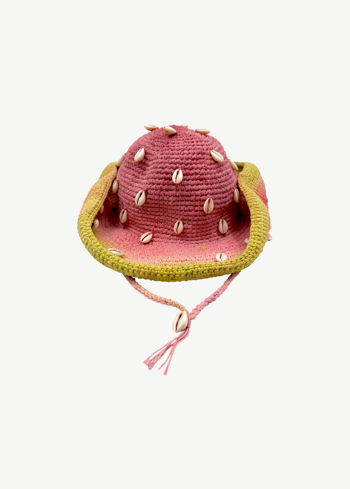 KABE SHOP INC Wika crochet tie-dye hat in pink and green with decorative seashells and a chin strap