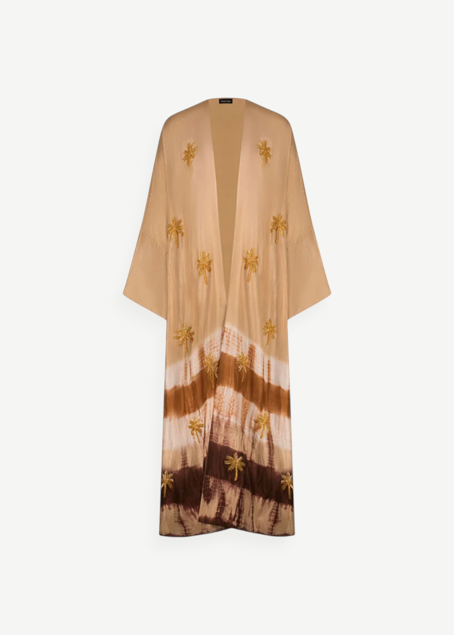 KABE SHOP INC The Sharis Kimono in raw silk with brown tie-dye pattern and hand-embellished gold palm tree details.