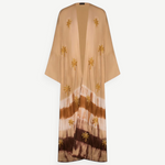 KABE SHOP INC The Sharis Kimono in raw silk with brown tie-dye pattern and hand-embellished gold palm tree details.