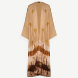 KABE SHOP INC The Sharis Kimono in raw silk with brown tie-dye pattern and hand-embellished gold palm tree details.