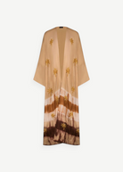 KABE SHOP INC The Sharis Kimono in raw silk with brown tie-dye pattern and hand-embellished gold palm tree details.