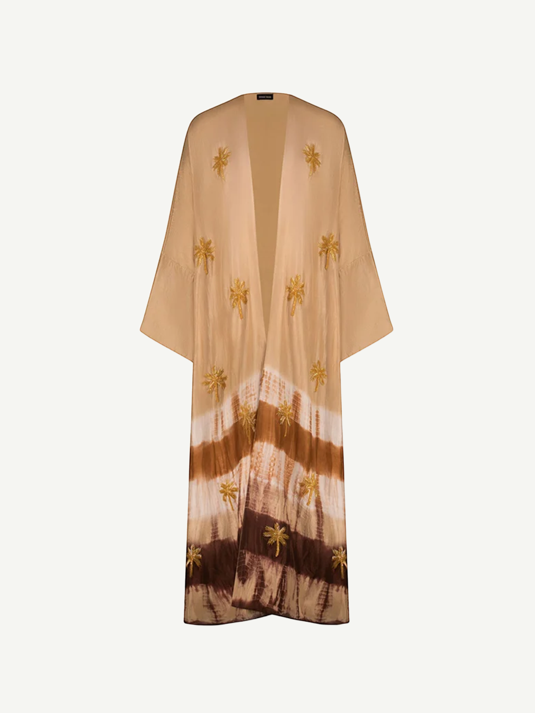 KABE SHOP INC The Sharis Kimono in raw silk with brown tie-dye pattern and hand-embellished gold palm tree details.