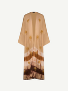 KABE SHOP INC The Sharis Kimono in raw silk with brown tie-dye pattern and hand-embellished gold palm tree details.