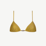 Equator Top: A yellow triangle bikini top adorned with a subtle black dotted pattern and thin straps, featuring a small front center clasp accented by two metallic beads. This stylish piece is an essential addition to any eco-friendly swimwear collection.