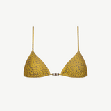 Equator Top: A yellow triangle bikini top adorned with a subtle black dotted pattern and thin straps, featuring a small front center clasp accented by two metallic beads. This stylish piece is an essential addition to any eco-friendly swimwear collection.