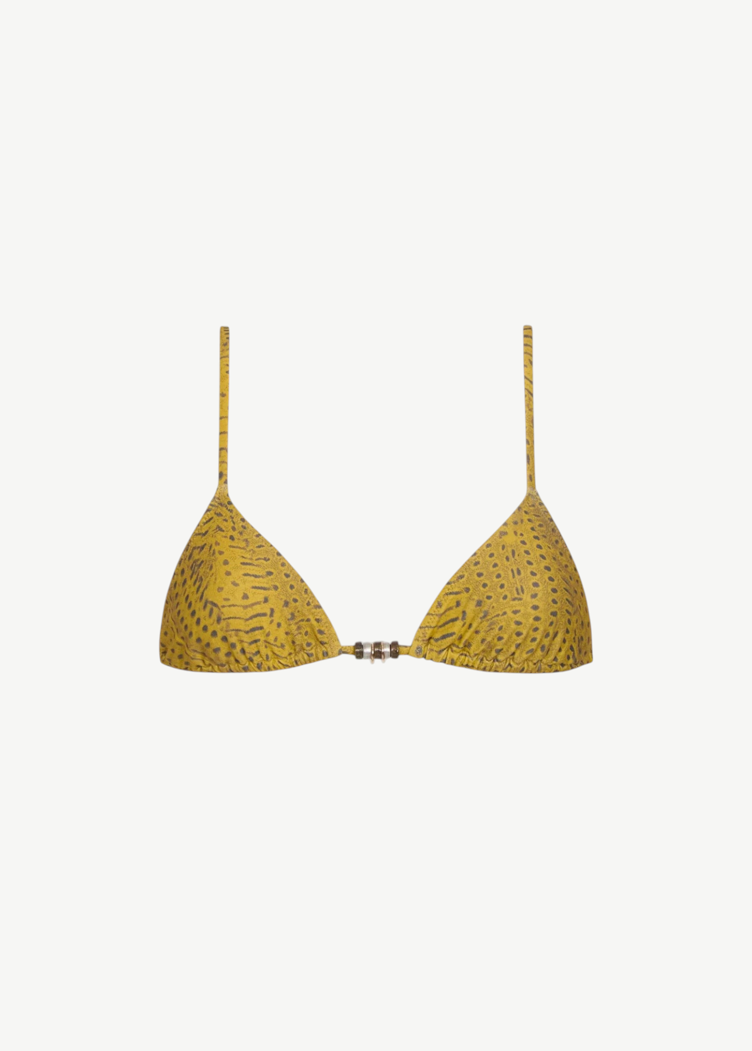 Equator Top: A yellow triangle bikini top adorned with a subtle black dotted pattern and thin straps, featuring a small front center clasp accented by two metallic beads. This stylish piece is an essential addition to any eco-friendly swimwear collection.