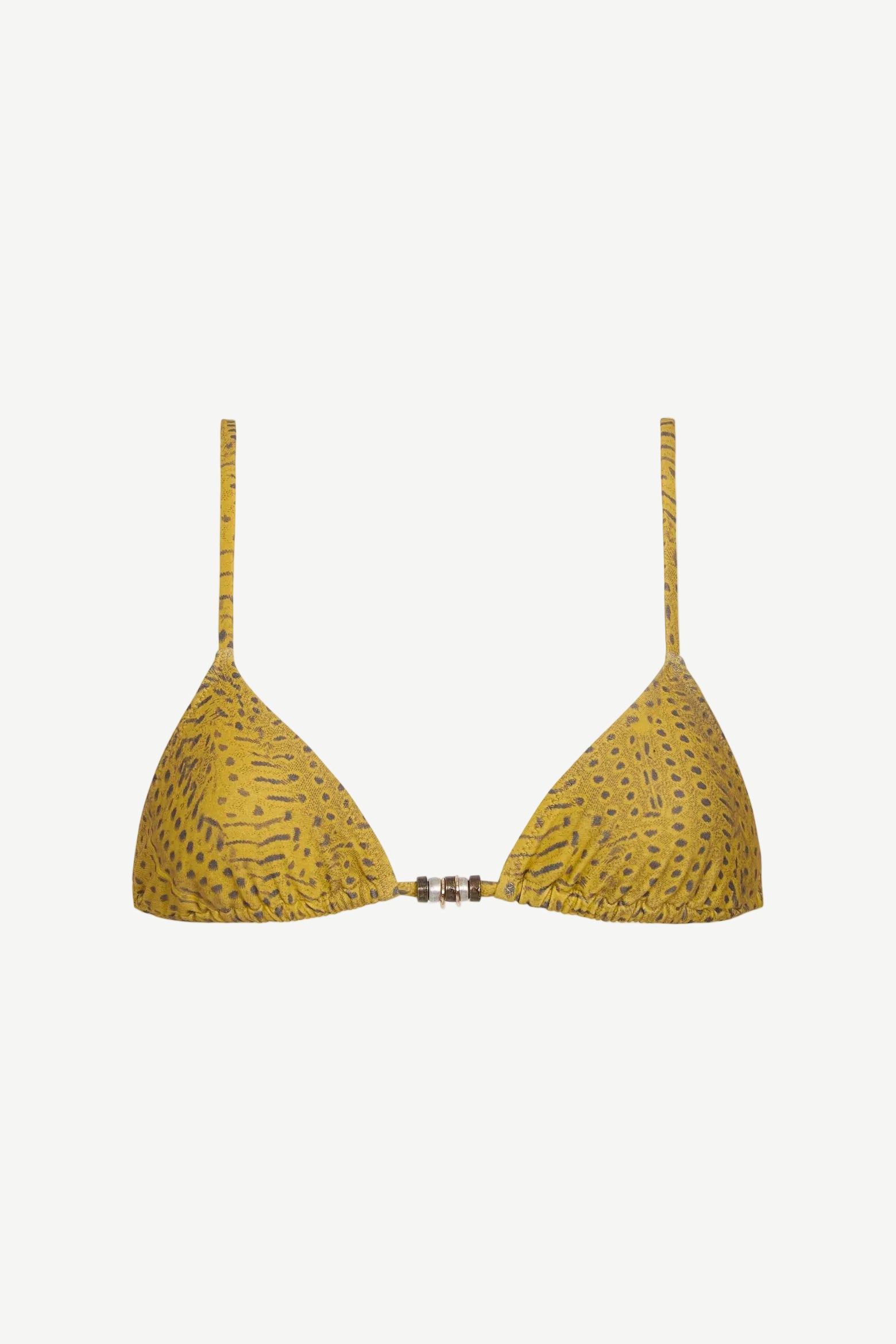 Equator Top: A yellow triangle bikini top adorned with a subtle black dotted pattern and thin straps, featuring a small front center clasp accented by two metallic beads. This stylish piece is an essential addition to any eco-friendly swimwear collection.